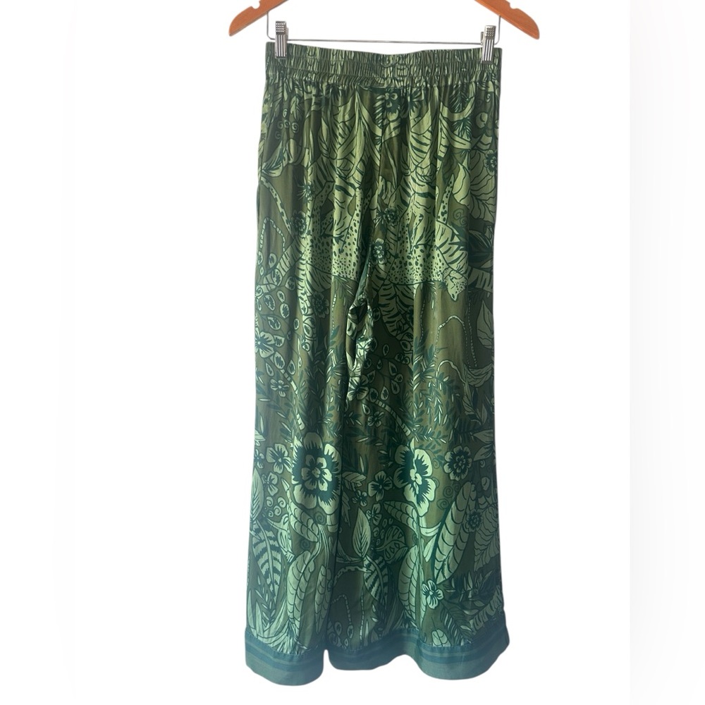Farm Rio x Anthropologie Satin Tropical Green Wide Leg Pants | S - Picture 6 of 8